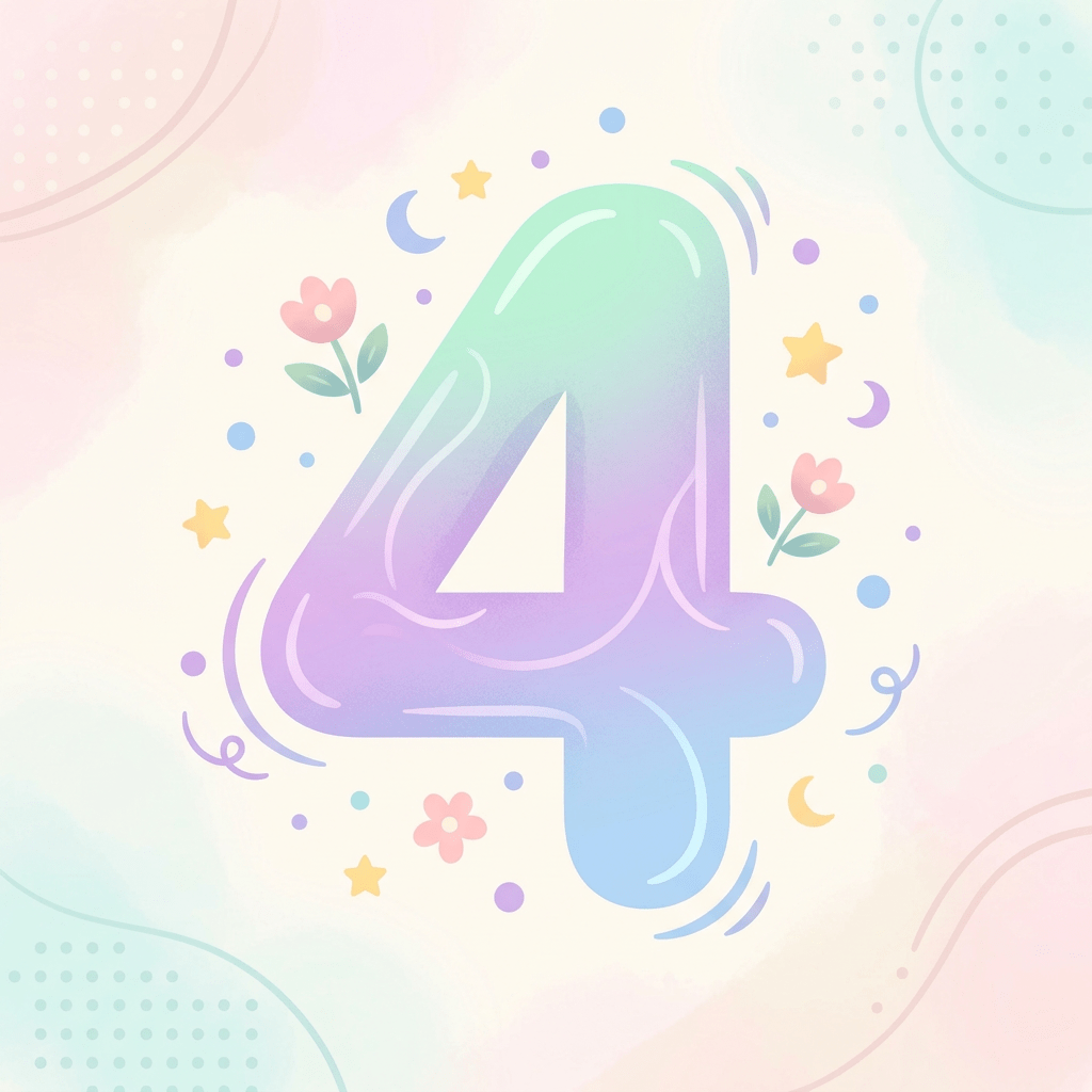 Number four in pastel colors with surrounding stars, moons, flowers, and dots