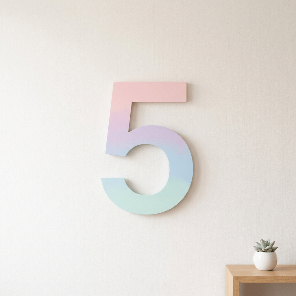 Number 5 with pastel gradient colors on a white wall with a small potted succulent on a wooden shelf